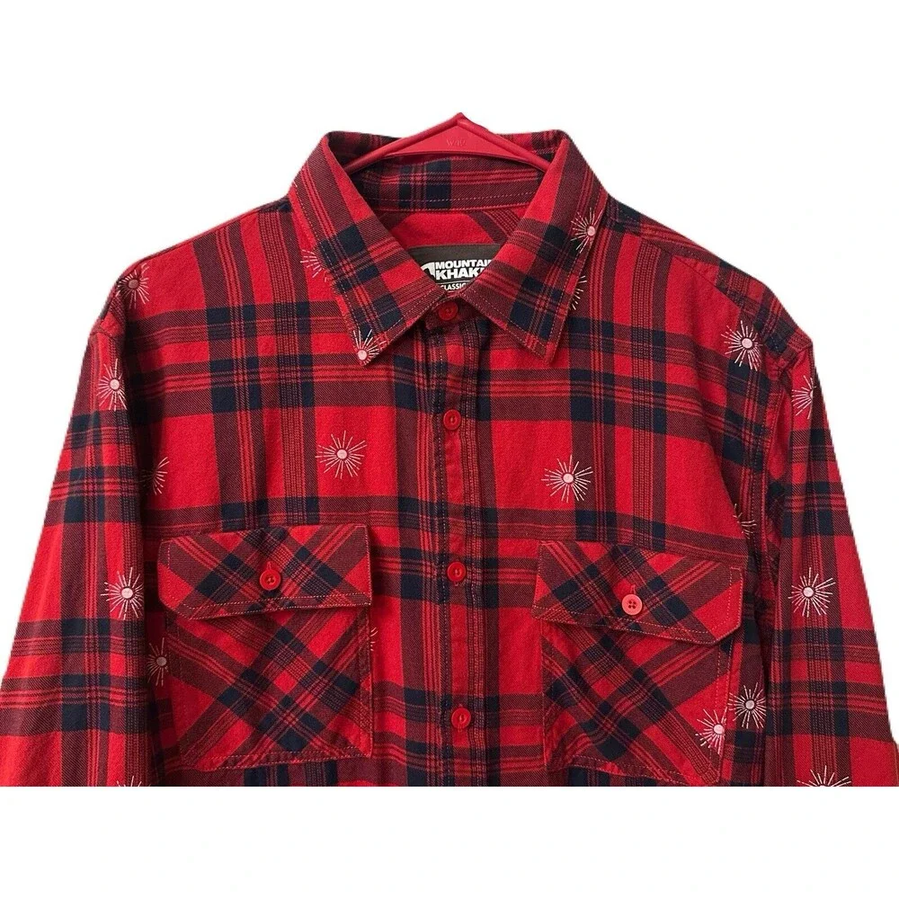 Mountain Khakis Mens Size Large Soft Sunburst Red Black Plaid Flannel Shirt EUC